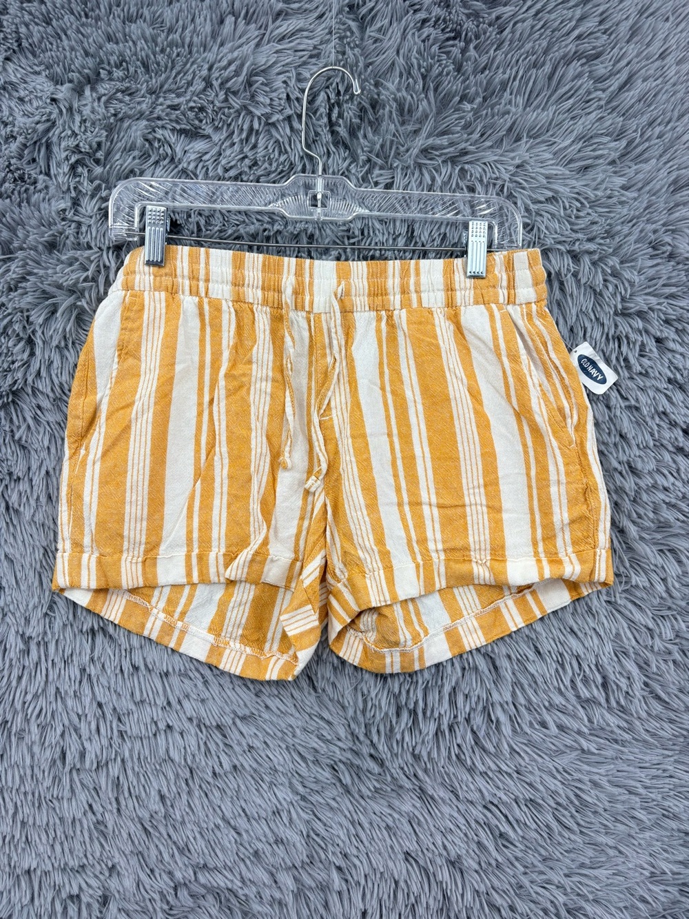 Old Navy Linen Blend Shorts Womens Medium Yellow White Striped Drawstring NWT